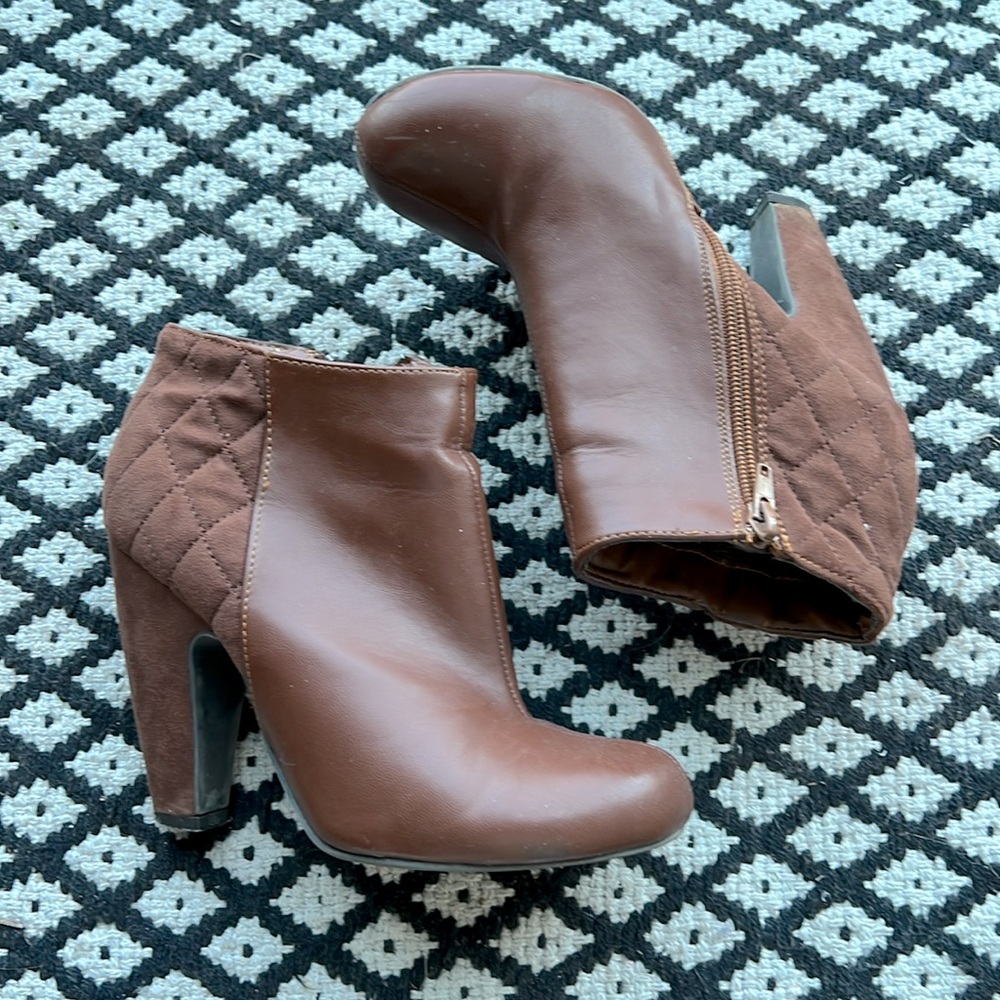 Bamboo brown faux leather and suede zipper heeled booties